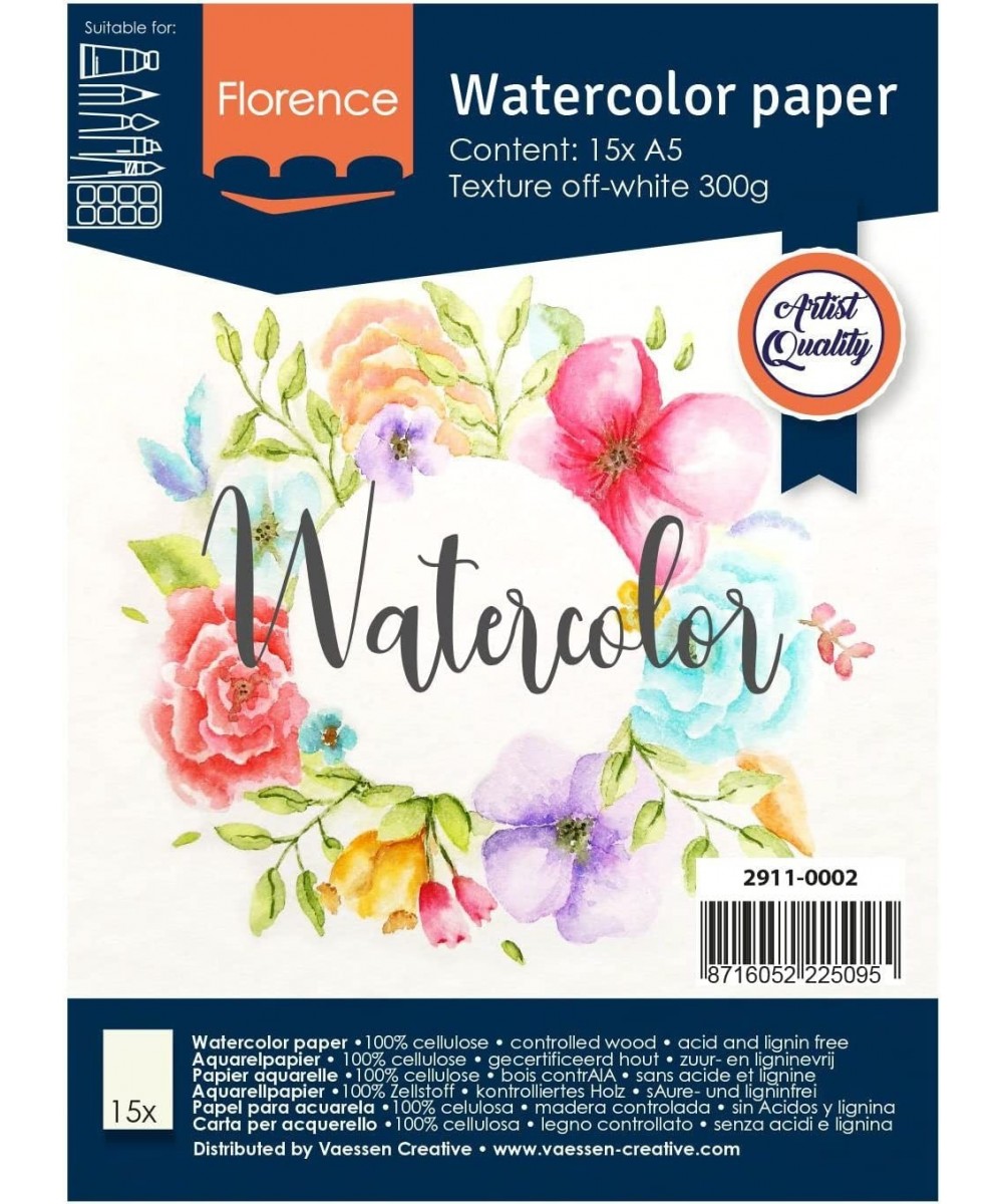 Vaessen Creative Florence Watercolour Paper A5 Ivory 300 GSM Artist Grade Quality Textured Surface 15 Sheets for Painting Han...