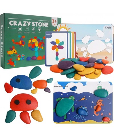 36Pcs Wooden Sorting Stacking Rocks Toys Colorful Balance Stones Game Montessori Jigsaw Puzzle with 30Pcs Cards Pebbles Build...