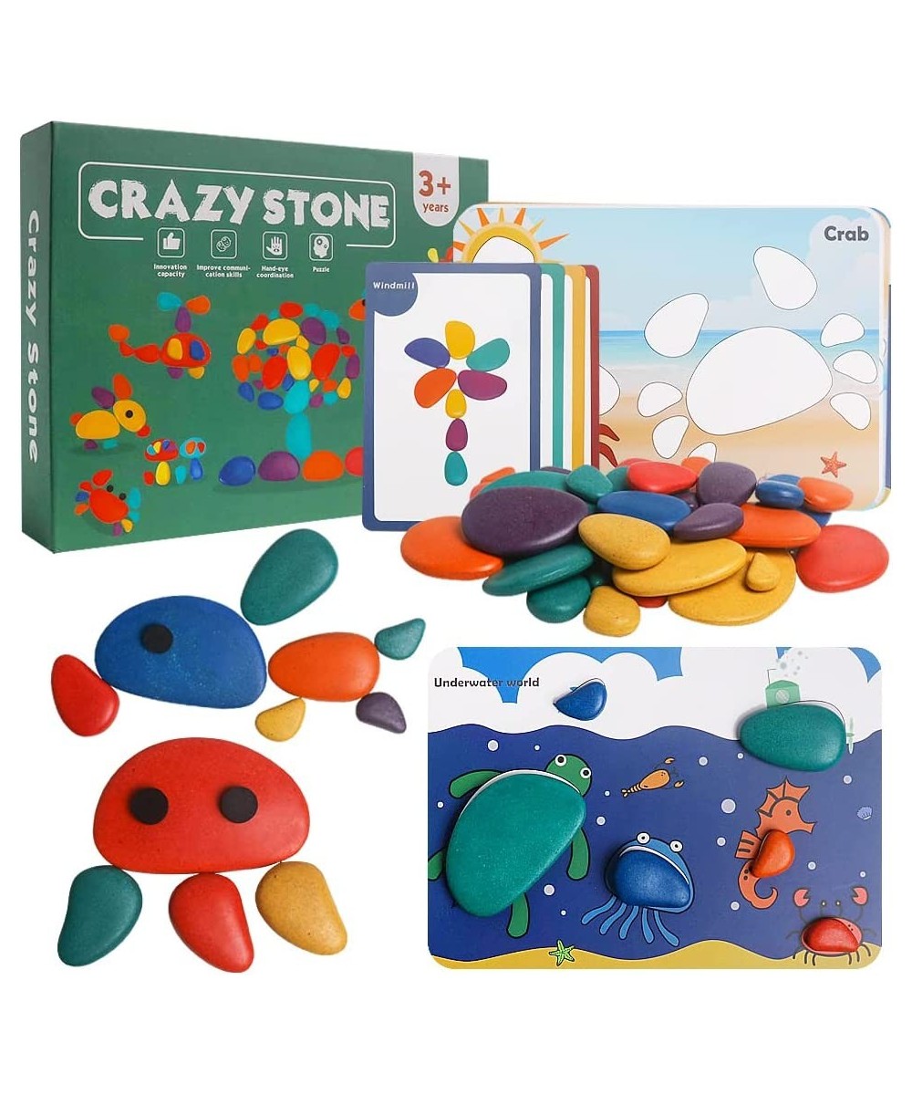 36Pcs Wooden Sorting Stacking Rocks Toys Colorful Balance Stones Game Montessori Jigsaw Puzzle with 30Pcs Cards Pebbles Build...