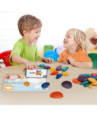 36Pcs Wooden Sorting Stacking Rocks Toys Colorful Balance Stones Game Montessori Jigsaw Puzzle with 30Pcs Cards Pebbles Build...