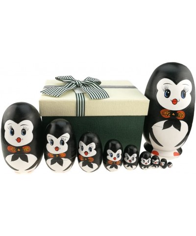 Lovely Penguin with Bowtie Egg Shape Handmade Wooden Russian Nesting Dolls Matryoshka Doll Set 10 Pieces in a Box with Bow fo...