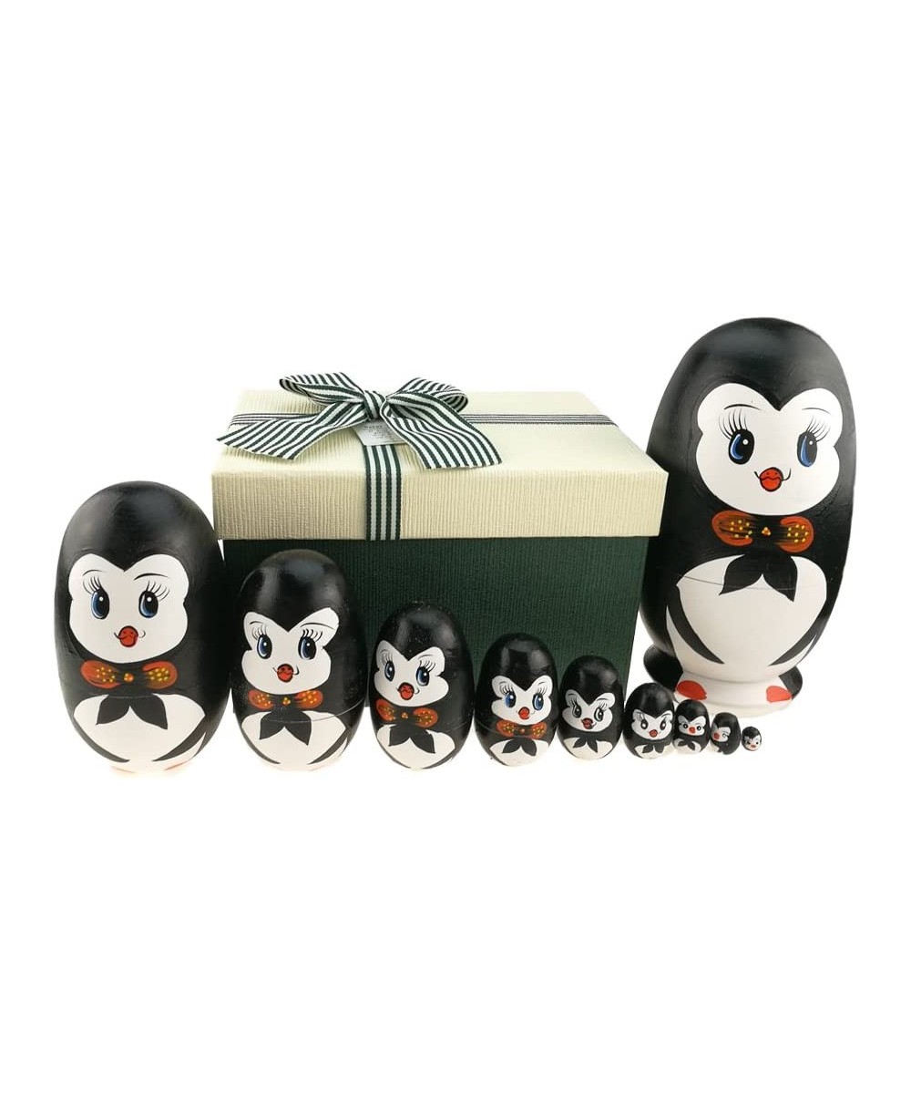 Lovely Penguin with Bowtie Egg Shape Handmade Wooden Russian Nesting Dolls Matryoshka Doll Set 10 Pieces in a Box with Bow fo...