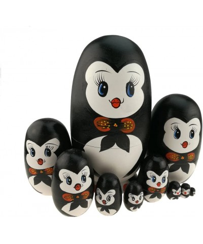 Lovely Penguin with Bowtie Egg Shape Handmade Wooden Russian Nesting Dolls Matryoshka Doll Set 10 Pieces in a Box with Bow fo...