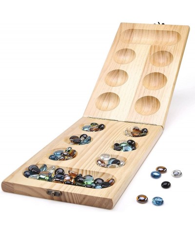 Wooden Mancala Board Game Set - Upgraded Larger Size - 72+8 Bonus Multi Color Glass Stones - Folding Board - Gift Package - M...