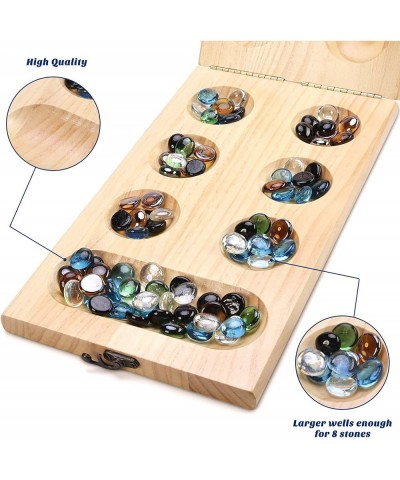 Wooden Mancala Board Game Set - Upgraded Larger Size - 72+8 Bonus Multi Color Glass Stones - Folding Board - Gift Package - M...