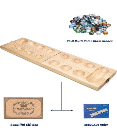 Wooden Mancala Board Game Set - Upgraded Larger Size - 72+8 Bonus Multi Color Glass Stones - Folding Board - Gift Package - M...